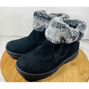 KHOMBU WOMEN'S BLACK SUEDE SIDE ZIP ANKLE JESSICA BOOTIES WITH FAUX FUR TRIM 7M